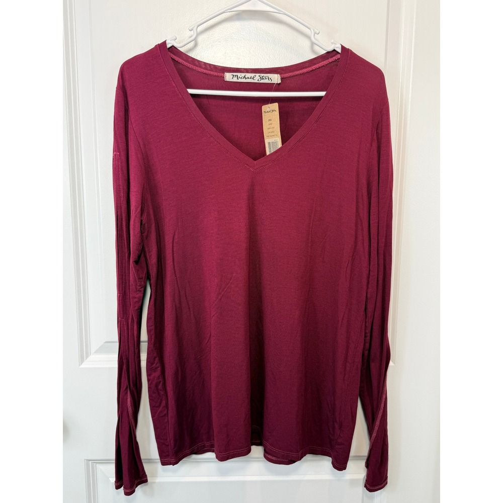 NWT Michael Stars Garnet Jersey Lycra V-Neck Long Sleeve Slit Tee 0 XS Boho Soft